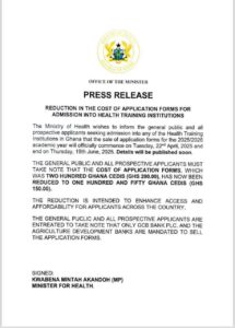 Ministry of Health Reduces Cost of Nursing Training College Application Forms for 2025/2026 Academic Year