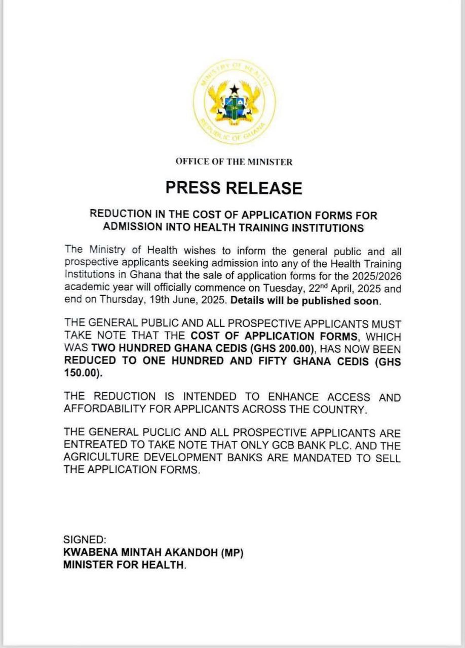 Ministry of Health Reduces Cost of Nursing Training College Application Forms for 2025/2026 Academic Year